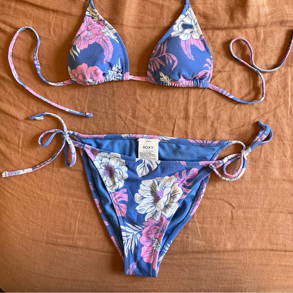 Roxy Hollow Trees Side Tie Bikini Bottom - Blue, Pink, White Floral Bikini